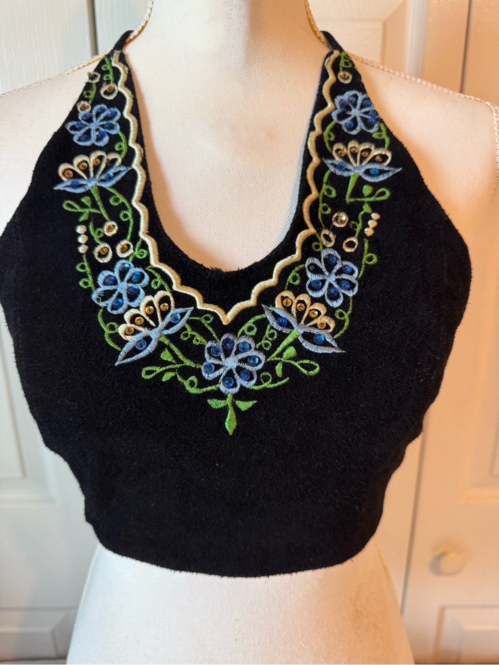 Passport Black Halter Crop Top with Blue & Green Floral Embroidery leather/suede